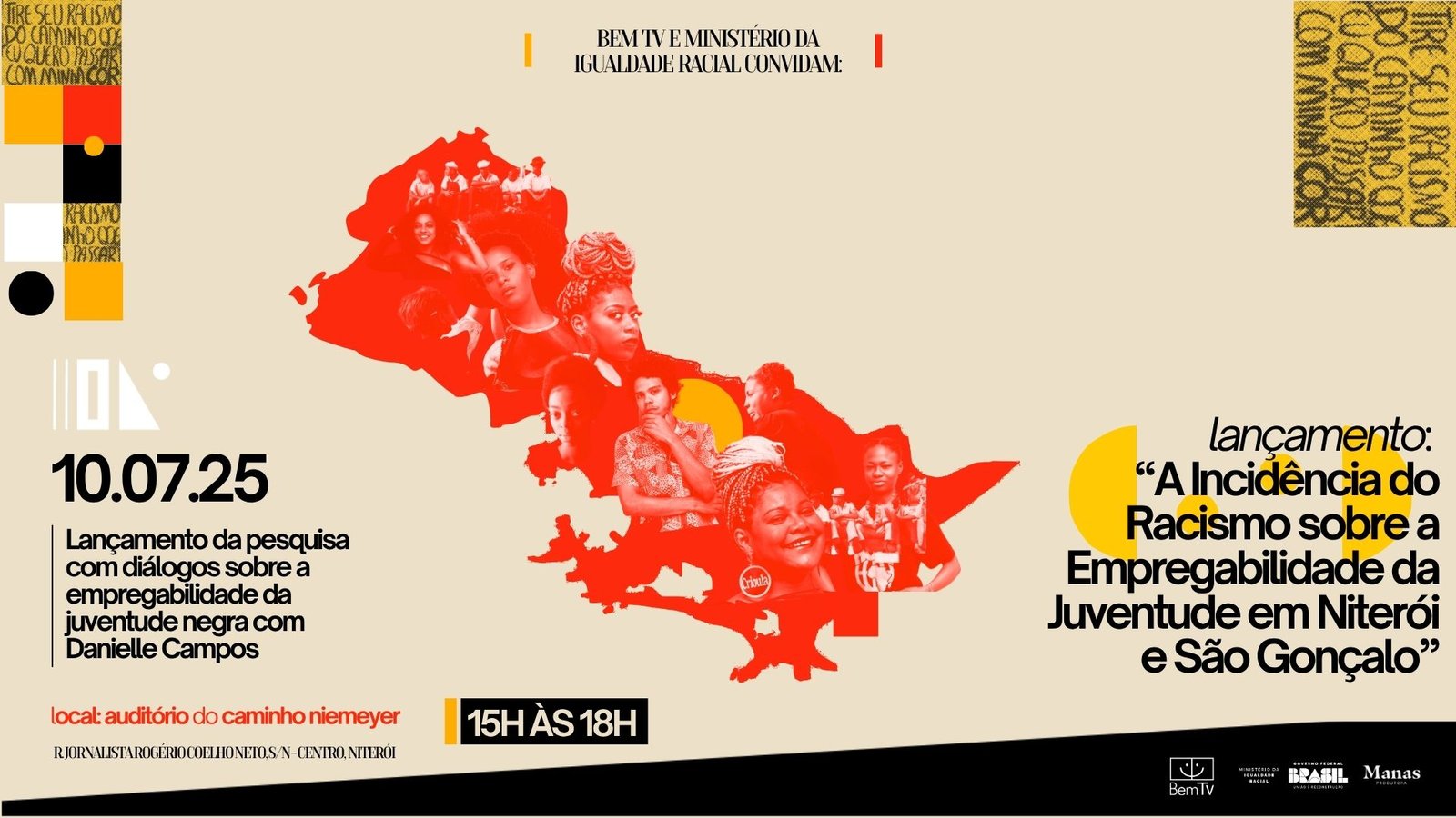 Arte de divulgação do lançamento da pesquisa “A Incidência do Racismo sobre a Empregabilidade da Juventude em Niterói e São Gonçalo”, com colagens de jovens negros sobre o mapa dos dois municípios.